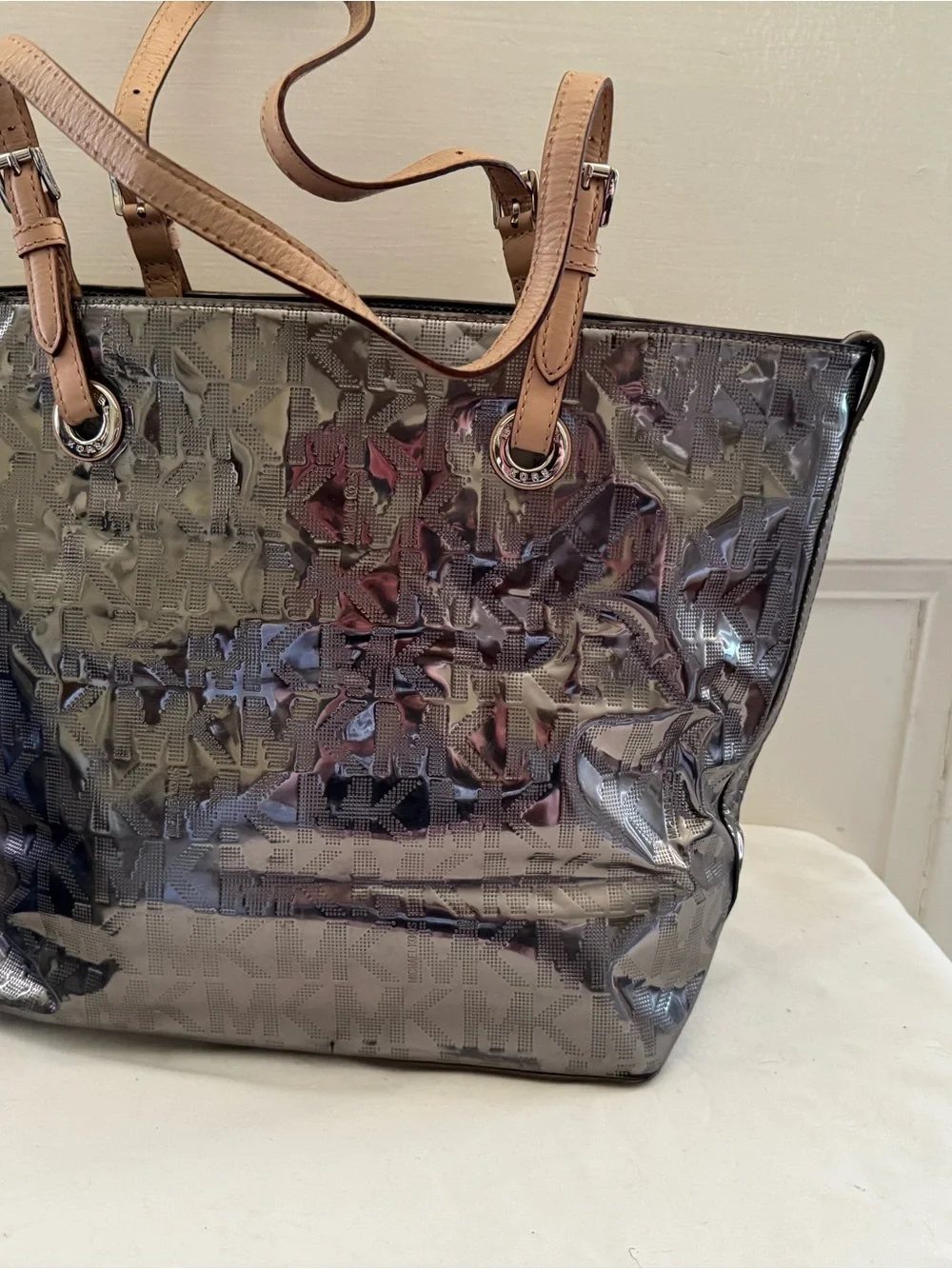 Michael Kors Metallic Silver Logo Tote with Tan Leather Handles - Picture 2 of 3